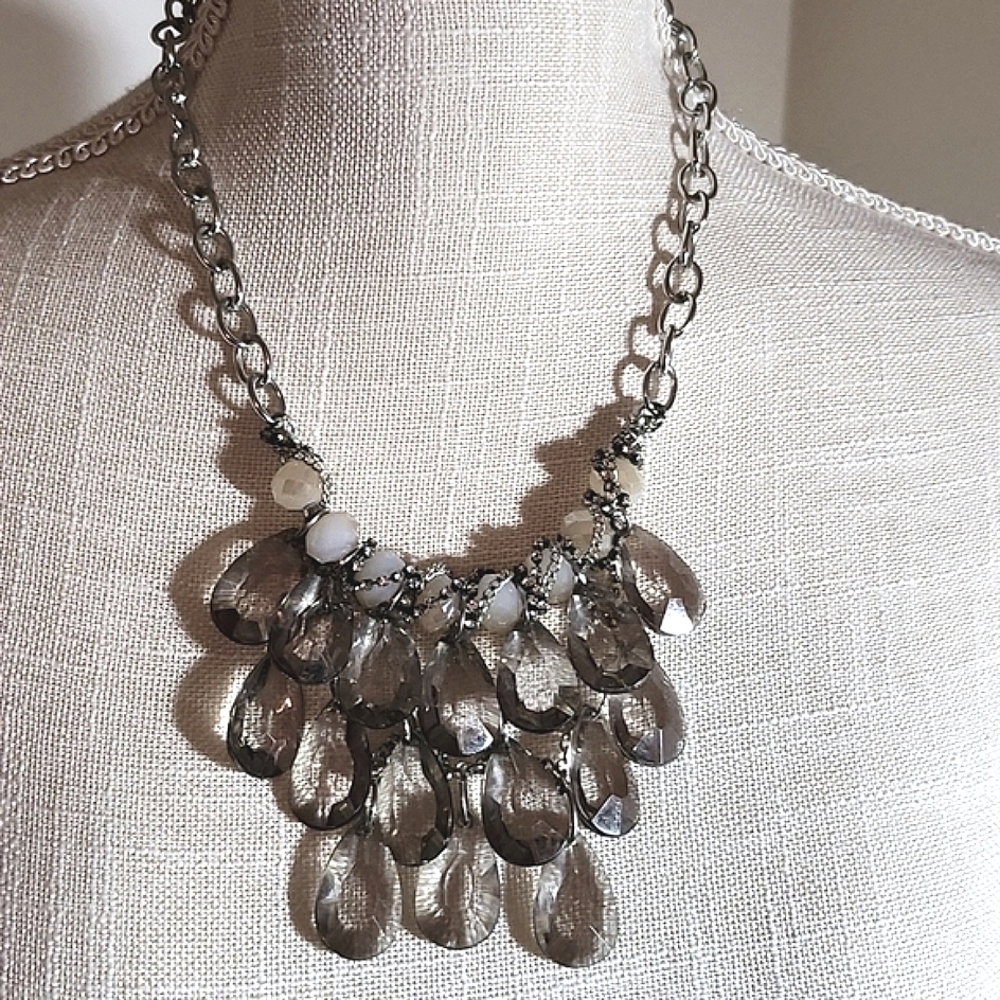 Layered Bead Necklace Statement Chunky Tear Drop Beads Grey Blush